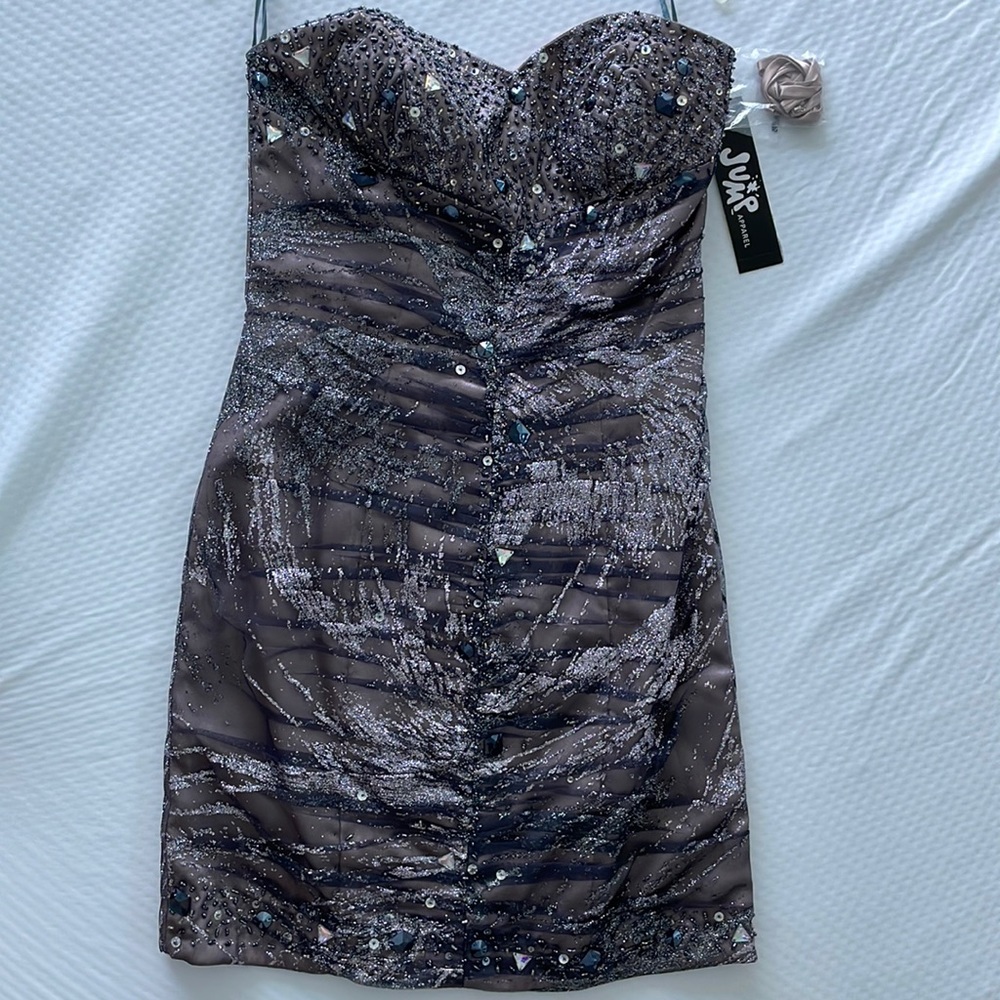Jump glitter mesh short slim dress/gunmetal size 3/4